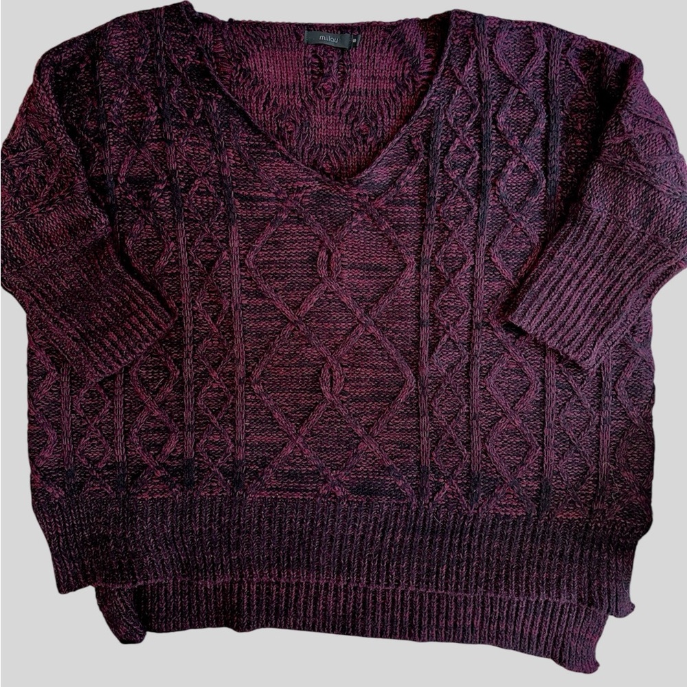 LF Millau Oversized Maroon & Black 3/4 Sleeve Cable Knit Sweater
